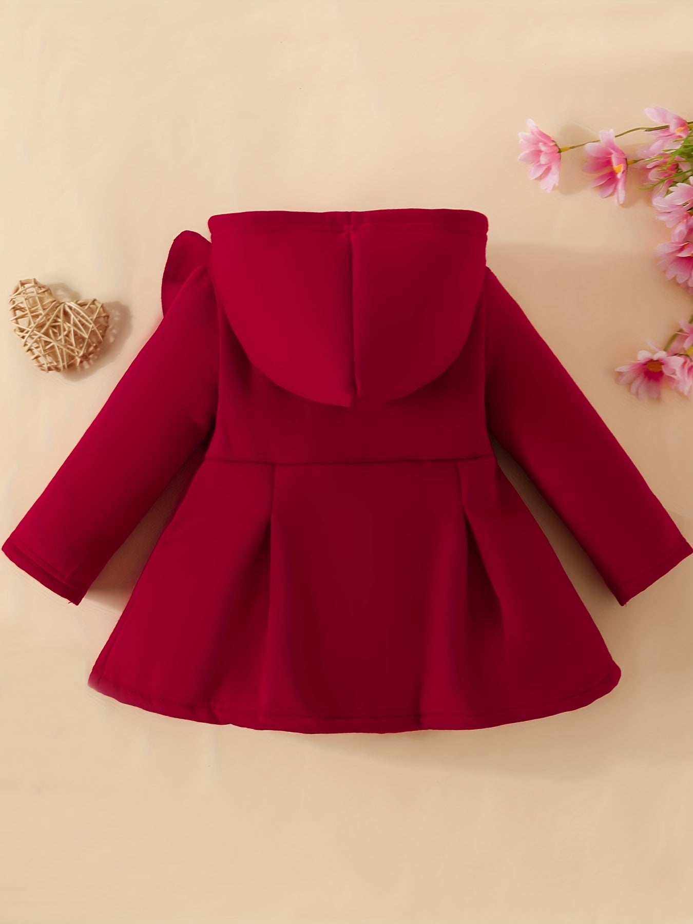 [Charming Coat] Red Fleece-Lined Hooded Coat | Charming Girls' Casual Button-Up, Long Sleeve Outerwear for Fall/Winter | Polyester & Spandex Blend, Non-Stretch Fabric