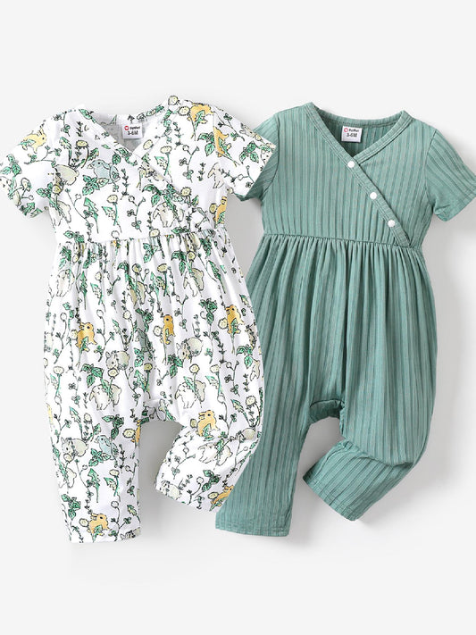 PatPat Baby Girl Cute All Over Rabbit Print/Solid Ribbed V Neck Short-sleeve Jumpsuit For Summer Outdoor Wear