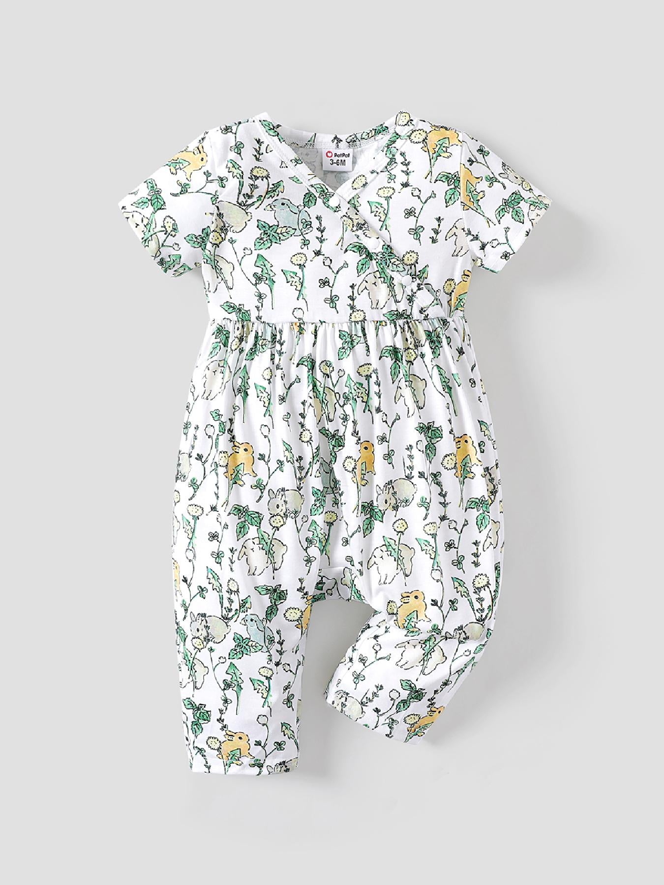PatPat Baby Girl Cute All Over Rabbit Print/Solid Ribbed V Neck Short-sleeve Jumpsuit For Summer Outdoor Wear