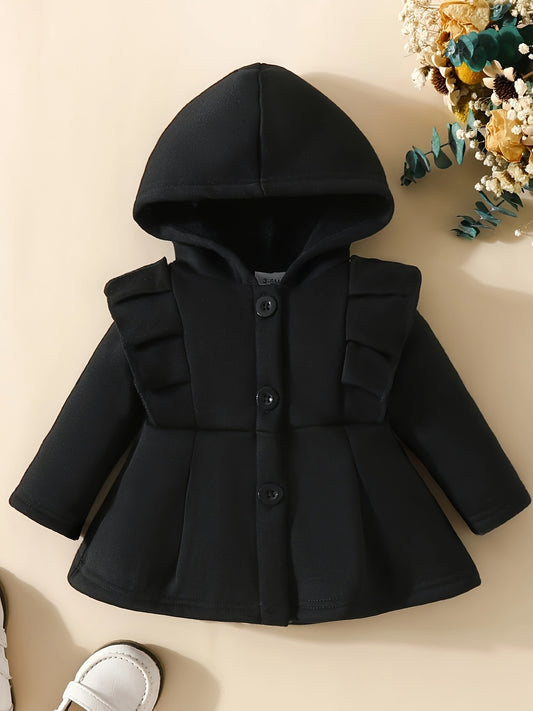 [Charming Coat] Red Fleece-Lined Hooded Coat | Charming Girls' Casual Button-Up, Long Sleeve Outerwear for Fall/Winter | Polyester & Spandex Blend, Non-Stretch Fabric