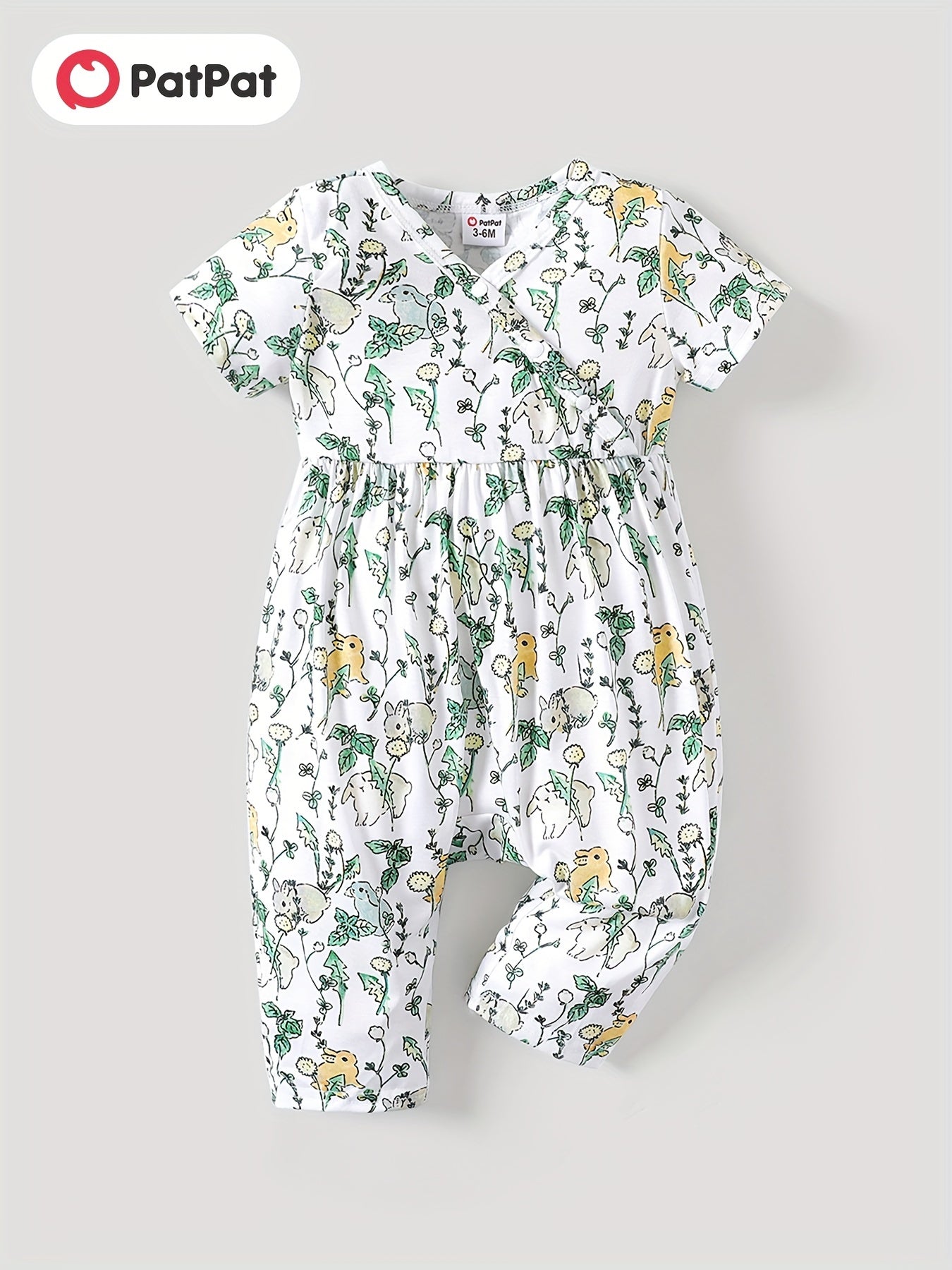 PatPat Baby Girl Cute All Over Rabbit Print/Solid Ribbed V Neck Short-sleeve Jumpsuit For Summer Outdoor Wear