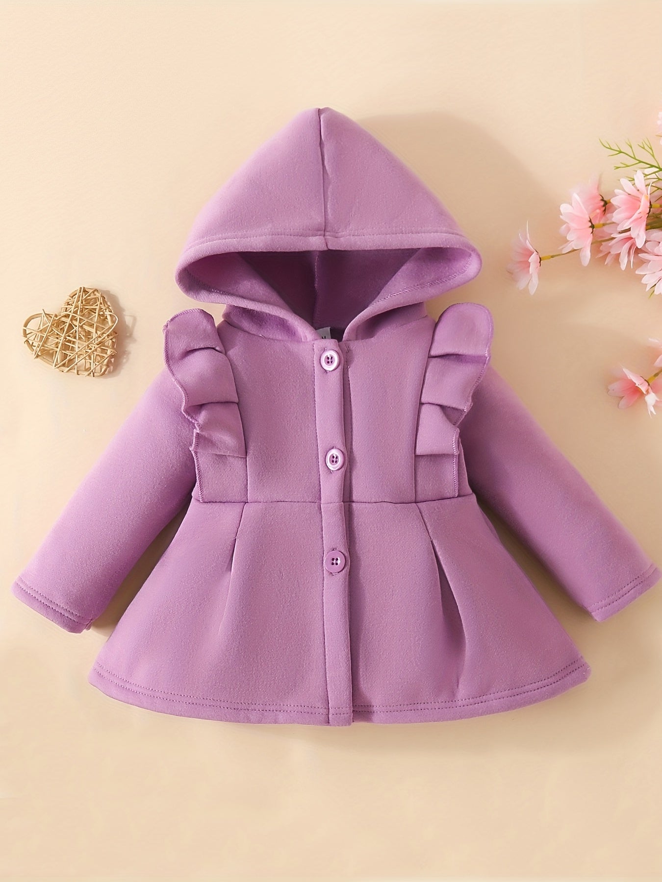 [Charming Coat] Red Fleece-Lined Hooded Coat | Charming Girls' Casual Button-Up, Long Sleeve Outerwear for Fall/Winter | Polyester & Spandex Blend, Non-Stretch Fabric