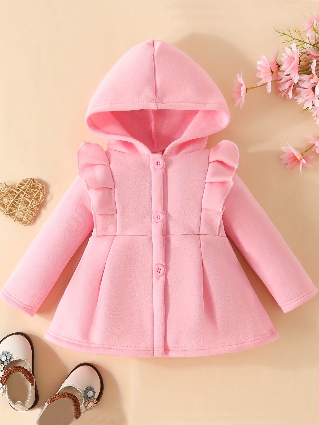 [Charming Coat] Red Fleece-Lined Hooded Coat | Charming Girls' Casual Button-Up, Long Sleeve Outerwear for Fall/Winter | Polyester & Spandex Blend, Non-Stretch Fabric