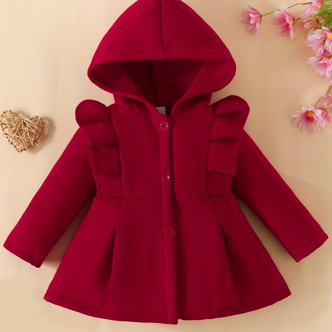 [Charming Coat] Red Fleece-Lined Hooded Coat | Charming Girls' Casual Button-Up, Long Sleeve Outerwear for Fall/Winter | Polyester & Spandex Blend, Non-Stretch Fabric