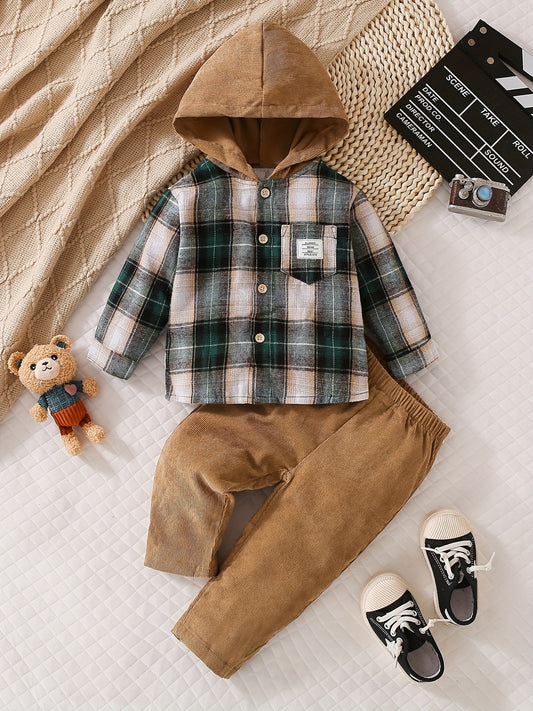 2PCS Baby Boys Trendy Plaid Hooded Shirt & Comfortable Pants Set - Handsome Long Sleeve Casual Outfit for Little Gentlemen