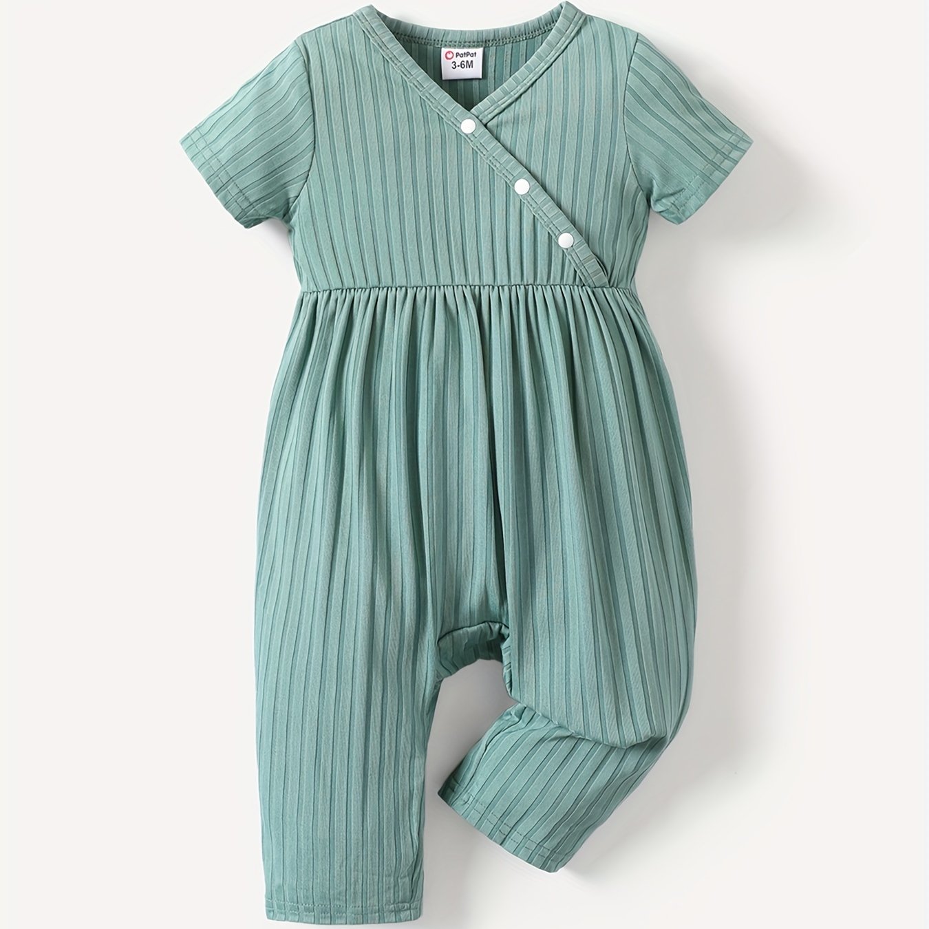 PatPat Baby Girl Cute All Over Rabbit Print/Solid Ribbed V Neck Short-sleeve Jumpsuit For Summer Outdoor Wear