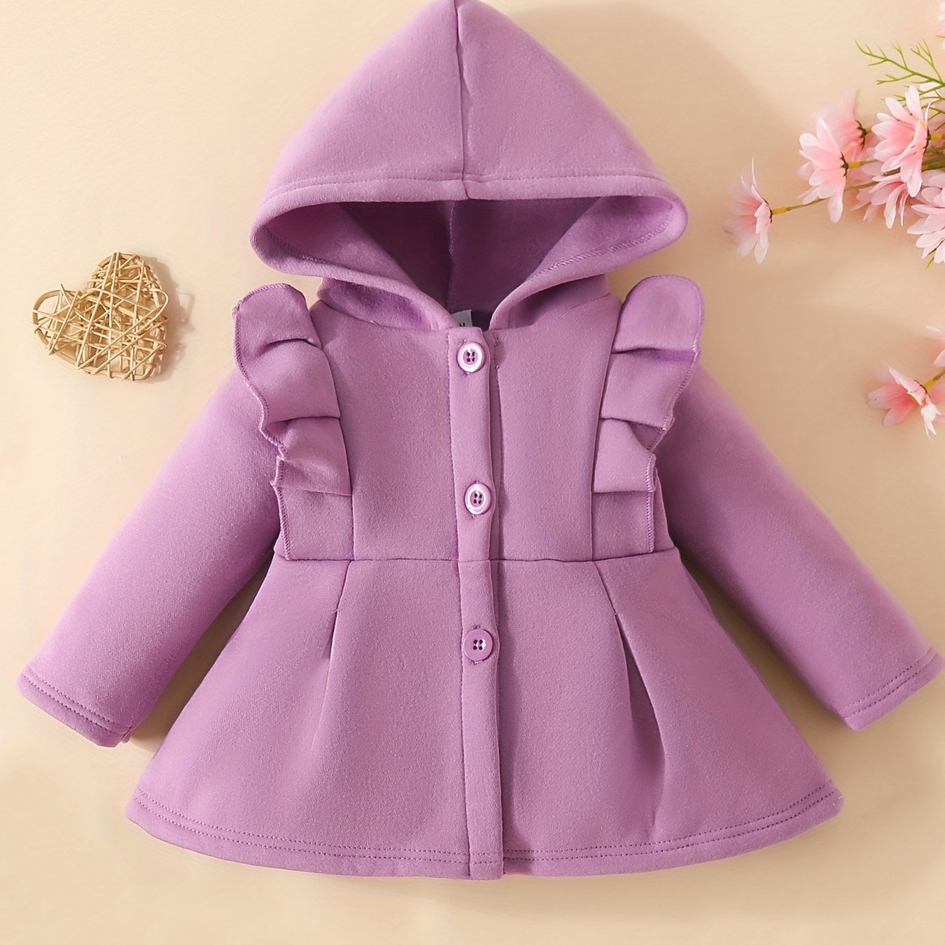 [Charming Coat] Red Fleece-Lined Hooded Coat | Charming Girls' Casual Button-Up, Long Sleeve Outerwear for Fall/Winter | Polyester & Spandex Blend, Non-Stretch Fabric