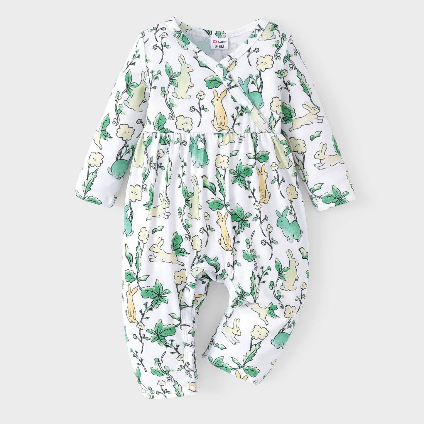 PatPat Baby Girl Cute All Over Rabbit Print/Solid Ribbed V Neck Short-sleeve Jumpsuit For Summer Outdoor Wear