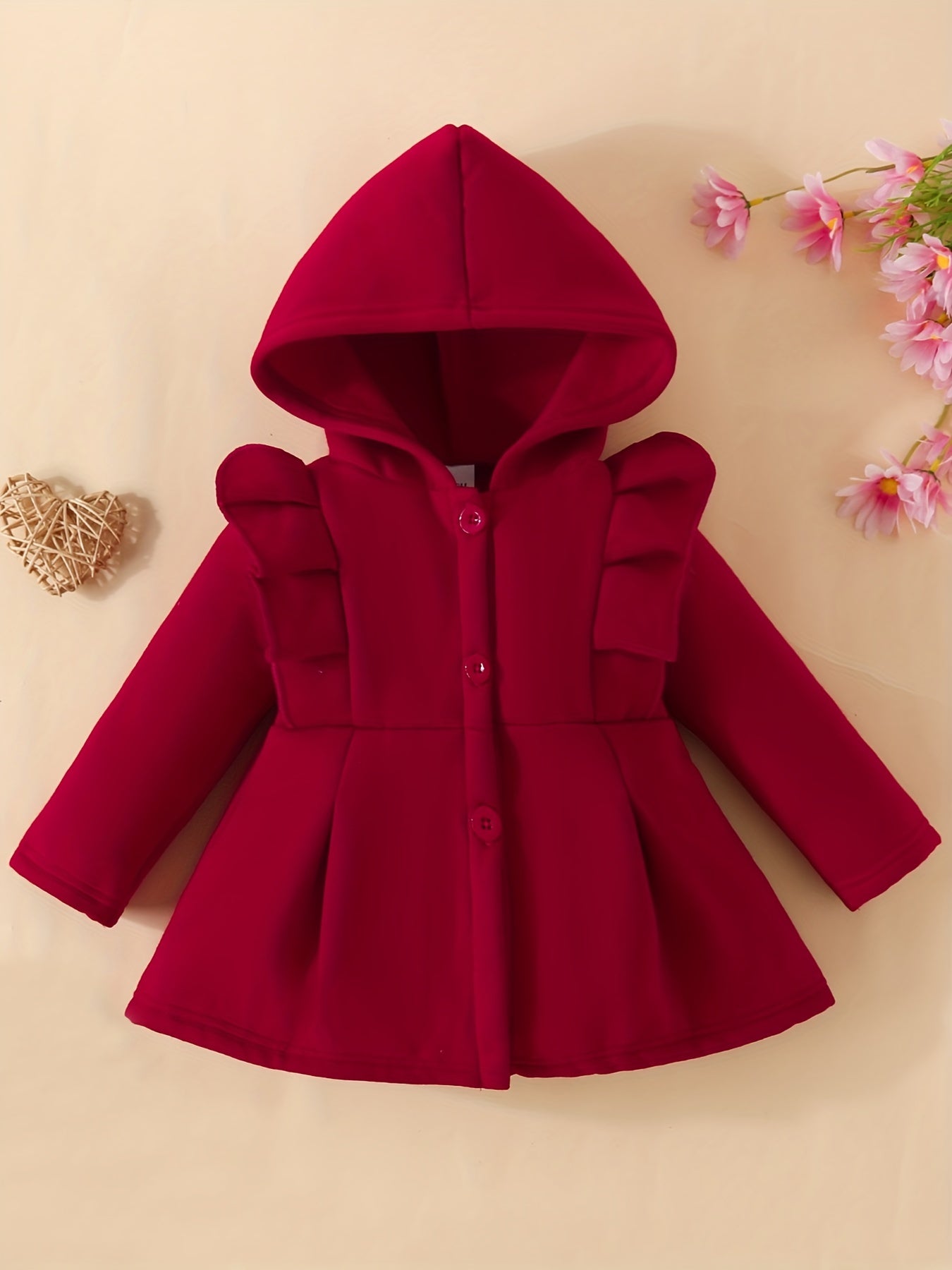 [Charming Coat] Red Fleece-Lined Hooded Coat | Charming Girls' Casual Button-Up, Long Sleeve Outerwear for Fall/Winter | Polyester & Spandex Blend, Non-Stretch Fabric