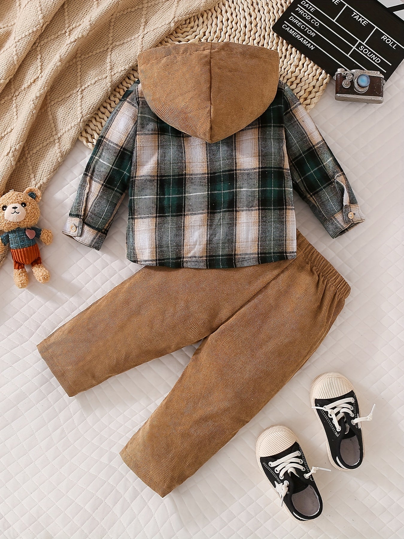 2PCS Baby Boys Trendy Plaid Hooded Shirt & Comfortable Pants Set - Handsome Long Sleeve Casual Outfit for Little Gentlemen