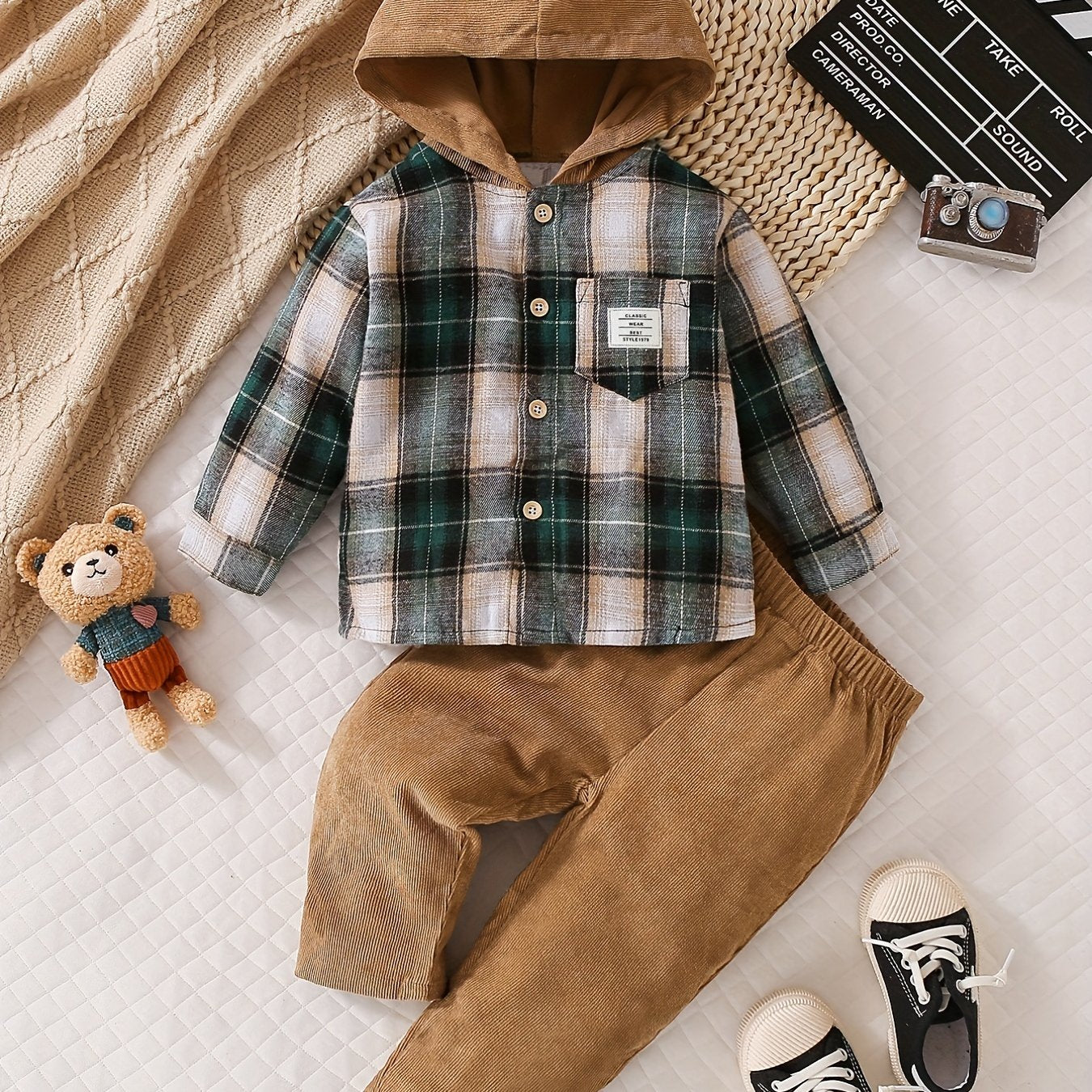 2PCS Baby Boys Trendy Plaid Hooded Shirt & Comfortable Pants Set - Handsome Long Sleeve Casual Outfit for Little Gentlemen