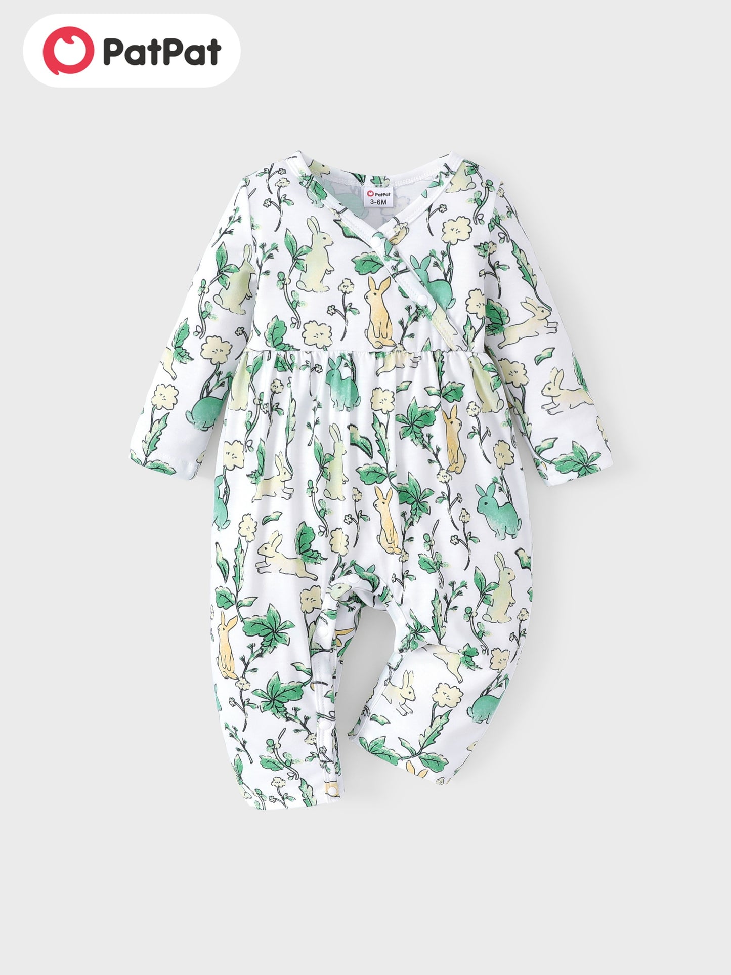 PatPat Baby Girl Cute All Over Rabbit Print/Solid Ribbed V Neck Short-sleeve Jumpsuit For Summer Outdoor Wear