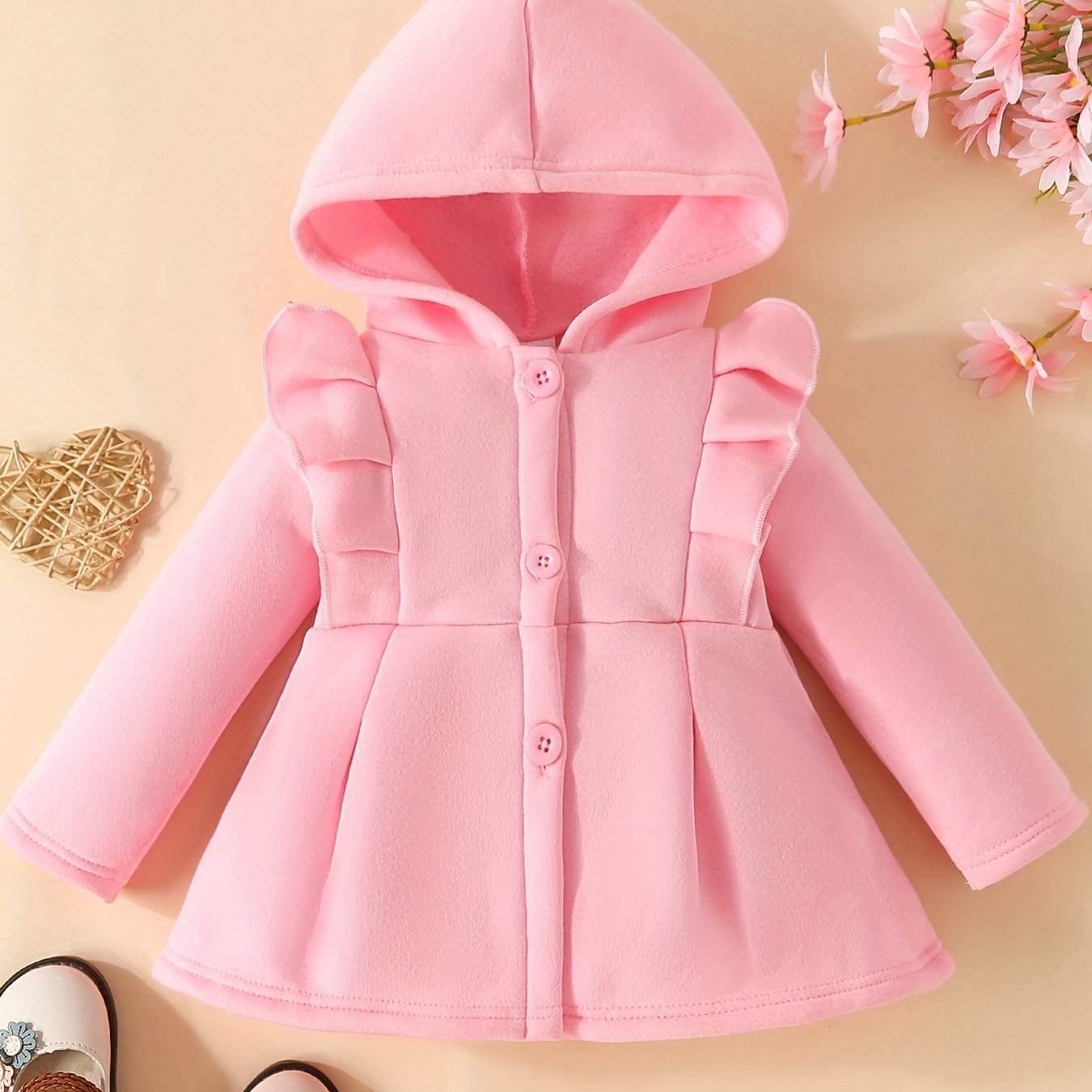 [Charming Coat] Red Fleece-Lined Hooded Coat | Charming Girls' Casual Button-Up, Long Sleeve Outerwear for Fall/Winter | Polyester & Spandex Blend, Non-Stretch Fabric
